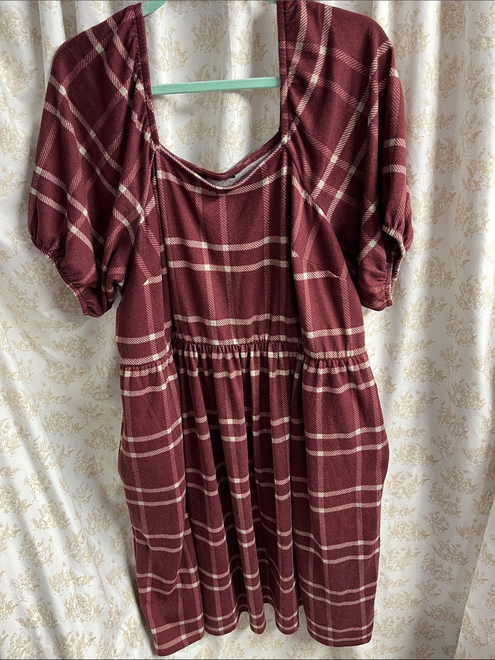 Square-Neck Midi Dress in Burgundy Plaid POCKETS too